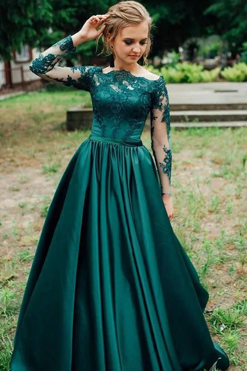 A Line Long Sleeves Dark Green Satin Appliques Prom Dresses Evening Dress DMR46 Tunics Polka dots