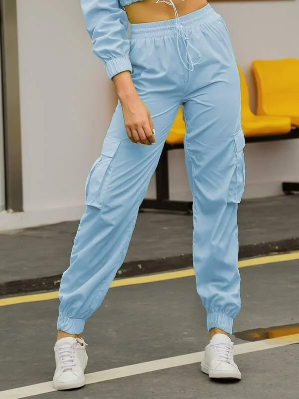 Double Crazy Drawstring Waist Flap Pocket Side Cargo Pants Classic Cropped Pants