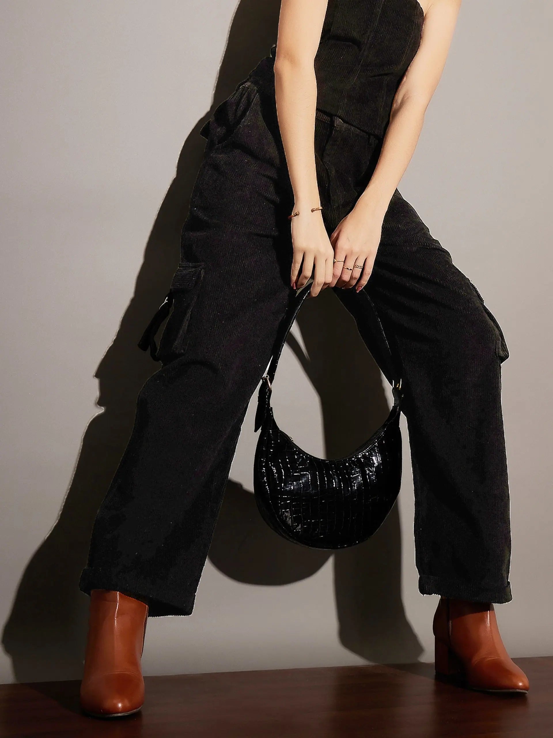 Women Black Corduroy Multi Pocket Cargo Pants Trendy High-Waist Trousers