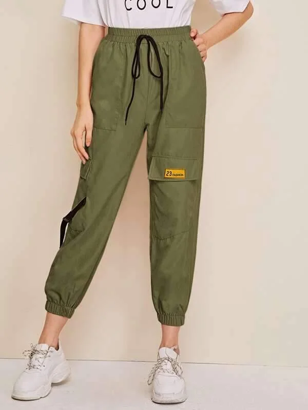 Tie Front  Flap Pocket Letter Patched Cargo Pants Casual Wide Pants
