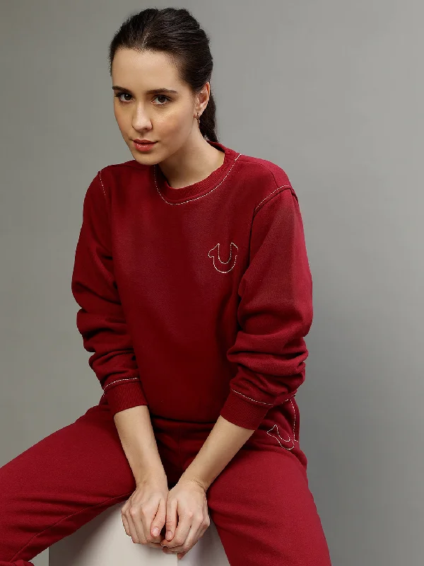 True Religion Women Printed Round Neck Full Sleeves Sweatshirt Hoodie with Stripes Bold Sporty