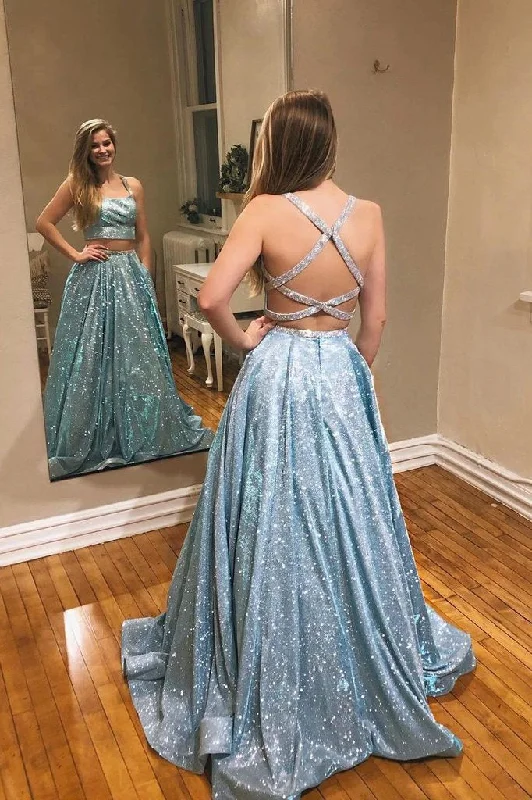 A-line Two Pieces Spaghetti Straps Sparkly Long Prom Dresses Evening Dress DMT3 Tunics Floral girly
