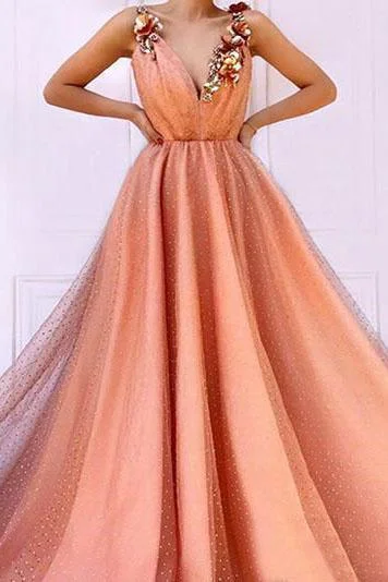 Orange 3D Flowers Long Prom Dresses V-neck Tulle Evening Dress DMO85 Pencil Office Professional