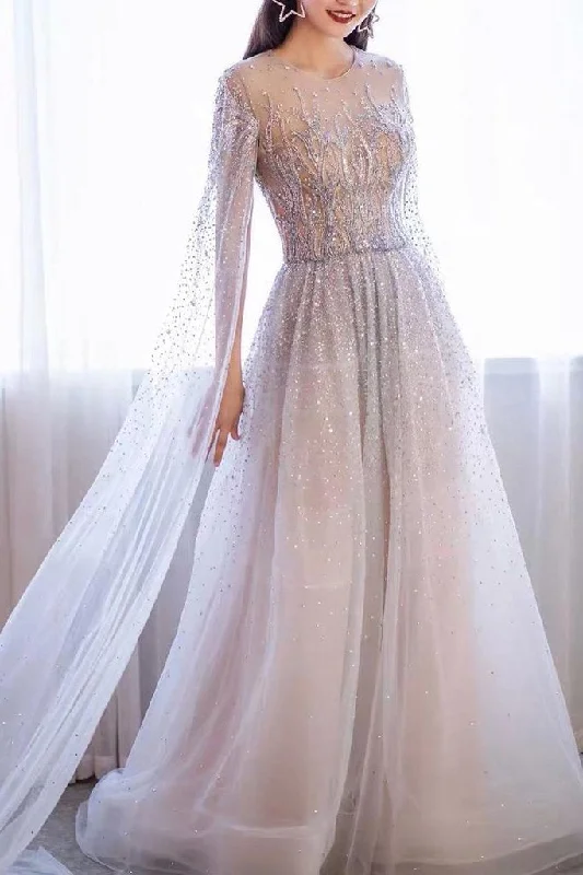 A-line Round Beaded Long Prom Dresses Charming Formal Gowns DMS70 Tunics Denim casual