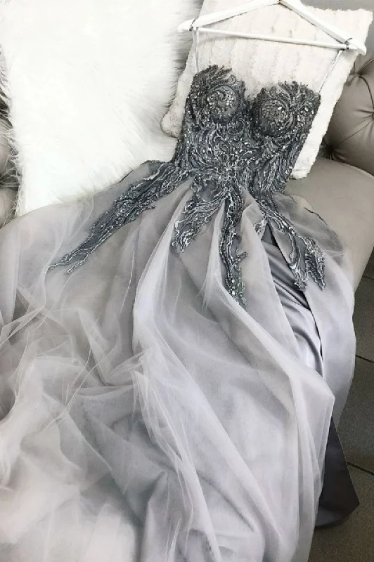 Gray Sweetheart Tulle Lace Appliques Long Prom Dress Formal Evening Dresses DMS58 Tunics Versatile all-occasion