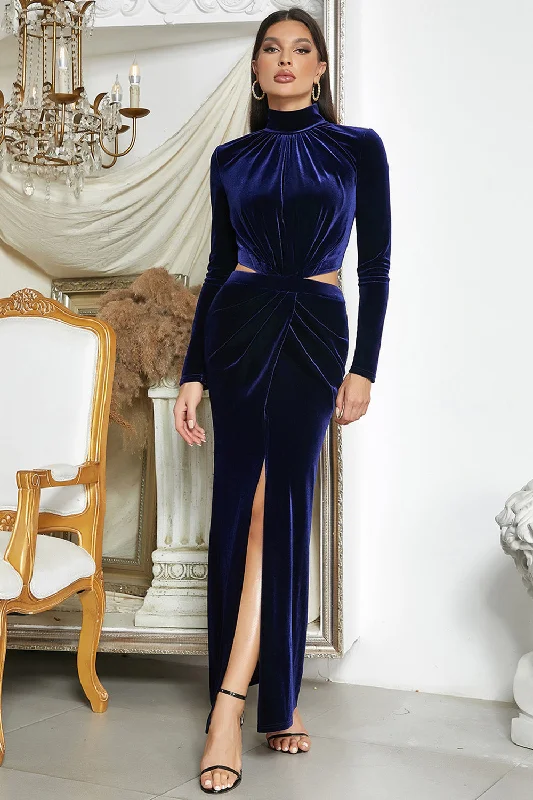 Dark Blue Mermaid Halter Neck Prom Dress with Slit Shift Classic Vintage