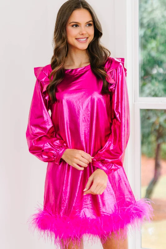 Rising Star Hot Pink Metallic Feather Trim Dress Tunics Sophisticated sleek