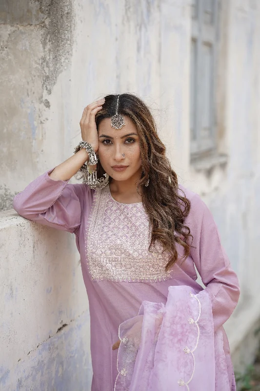 Lavender Poly Silk Straight Kurta Pant With Dupatta