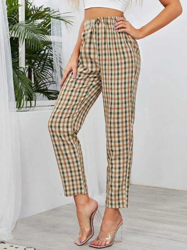 Tartan Plaid Button Fly Straight Leg Pants Chic Slim Fit Pants