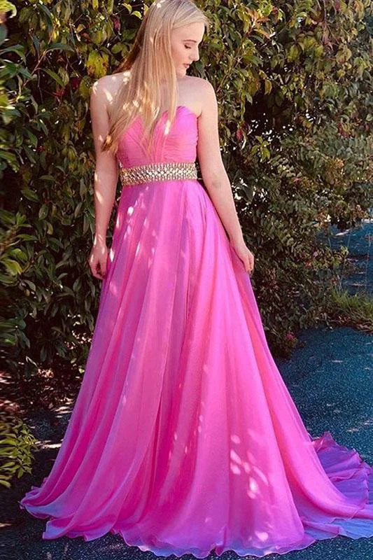 A-Line Sweetheart Sweep Train Fuchsia Chiffon Prom Dress with Beading Ruched DMQ68 Tunics Gym athletic