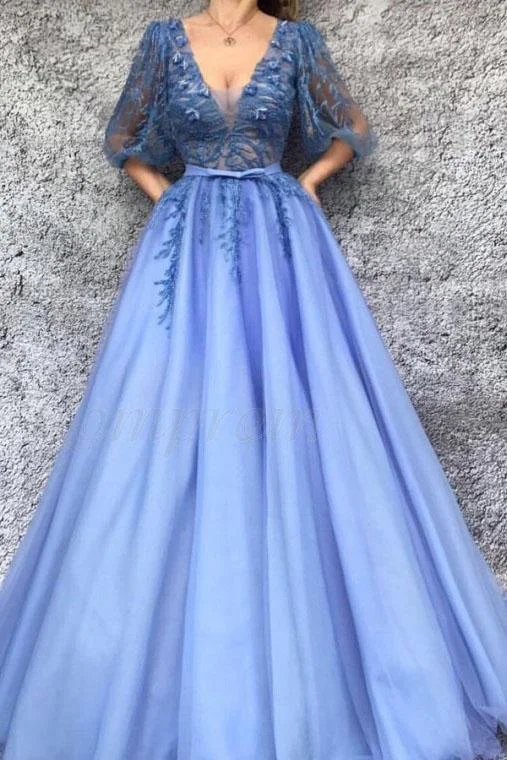 A-Line V-Neck Half Sleeves Tulle Prom Dress with Appliques DMQ94 Tunics Brand named