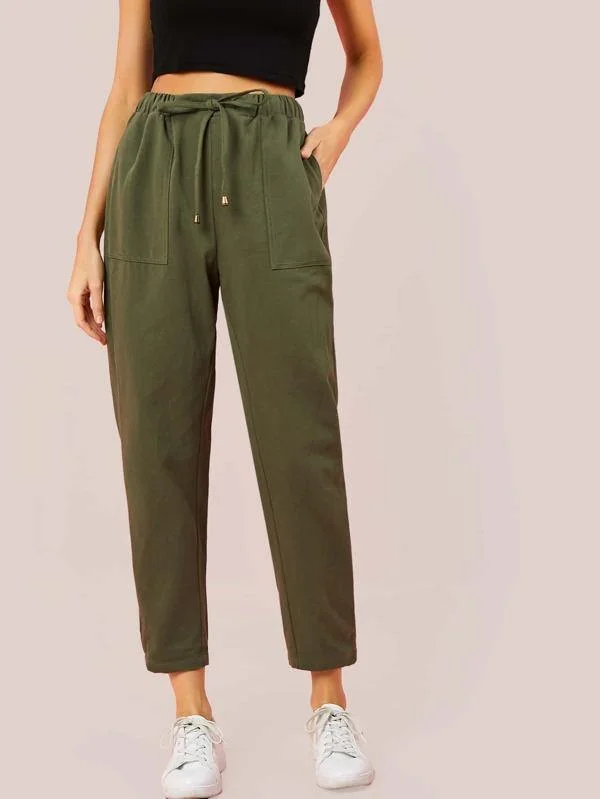 Tie Waist Pocket Detail Pants Casual Plaid Pants