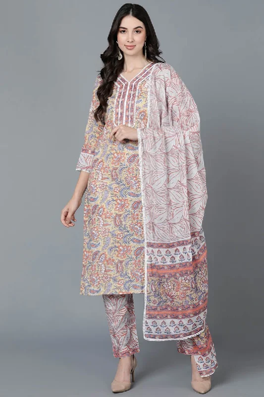 Cream Cotton Straight Kurta Pant With Dupatta Set