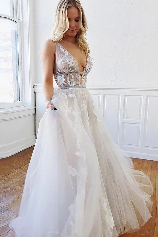 A Line Deep V-Neck Backless White Tulle Prom Dress With Appliques DMQ63 Tunics Trendy modern
