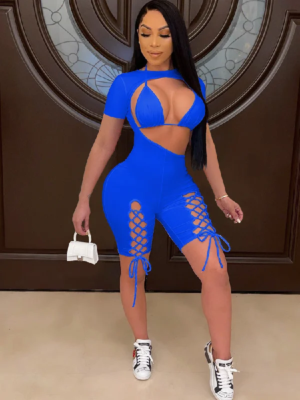 Two Piece Bikini Bra+Short Sleeve Lace Up Short Jumpsuit