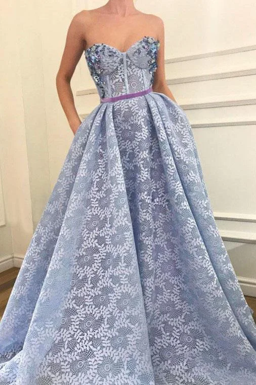 Stunning A-Line Sweetheart Light Blue Lace Prom Dress with Pockets Beading DMQ95 Maxi Flowy Bohemian