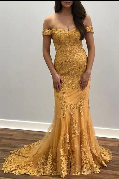Trumpet/Mermaid Off-the-shoulder Lace Appliques Long Prom Dresses Evening Dresses DMR52 Tunics Fashionable trendy
