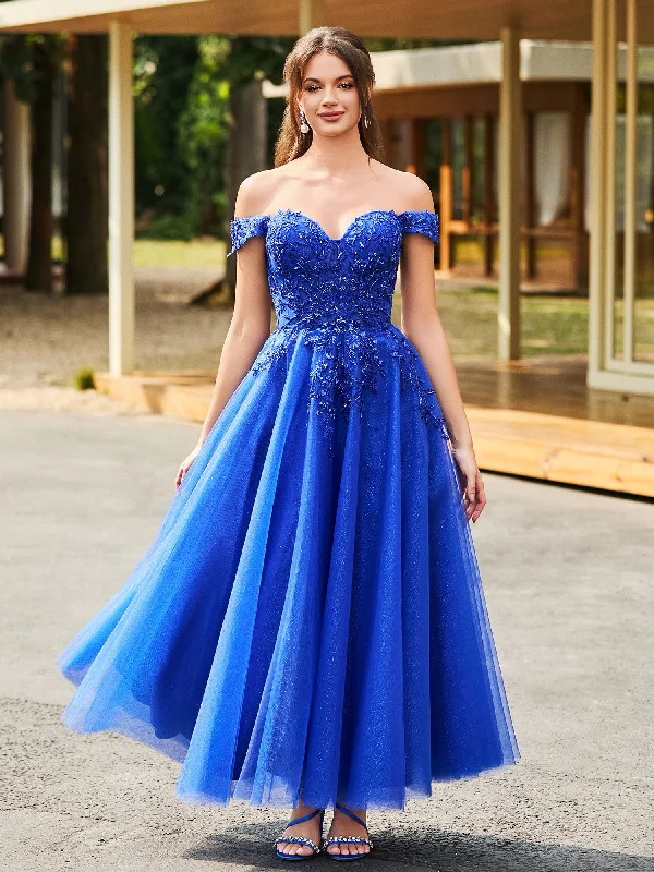 Off-the-shoulder A-line Sequins Dress with Beaded Royal Blue Tunics Trendy modern