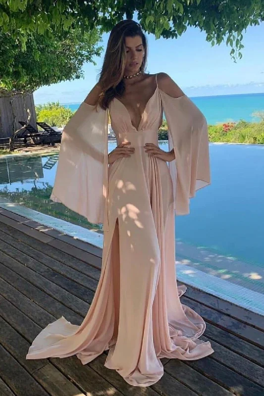 Simple Cold Shoulder Chiffon Long Prom Dress Pink Slit Evening Dress DMQ49 Tunic Top Casual