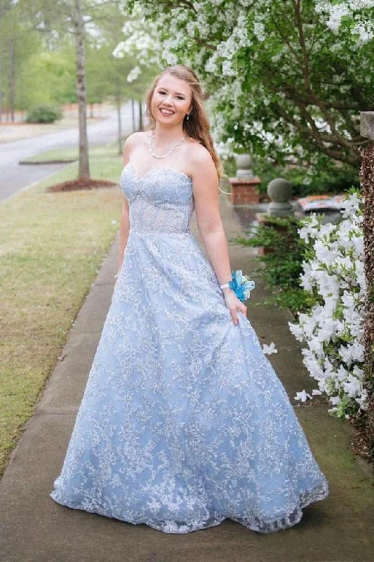 Vintage Sky Blue Long Strapless Prom Dresses For Teens DMO93 Tunics Trendy modern