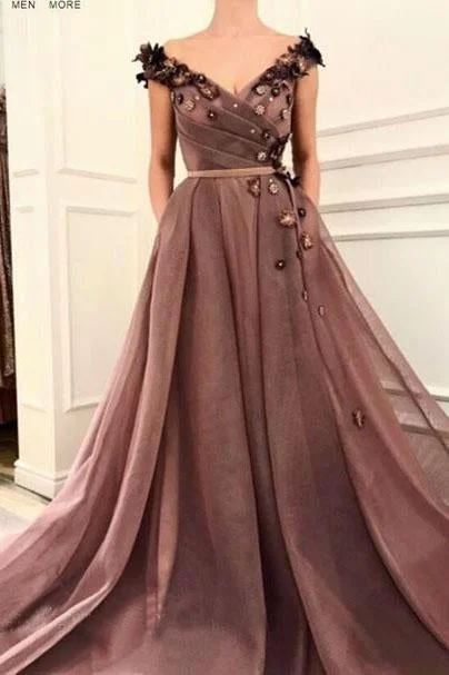 A Line V Neck Cap SleevesBrown Long Flowers Prom Dresses With Pockets DMR10 Tunics stripes playful