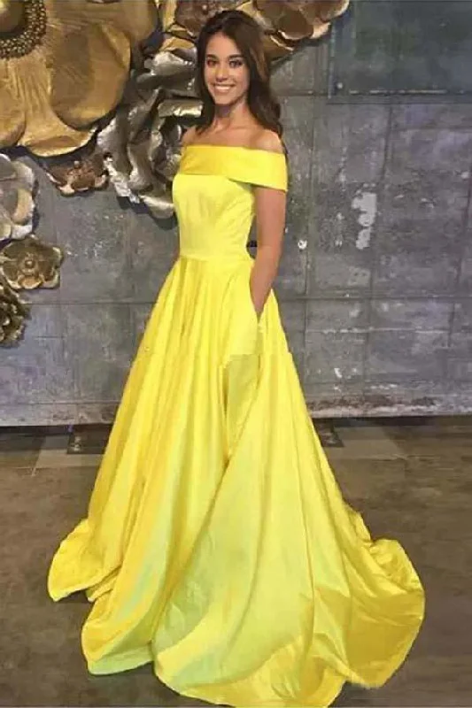 Yellow Off The Shoulder A Line Prom Dress,Long Evening Gown With Pockets DMJ67 Tunics Bridal satin