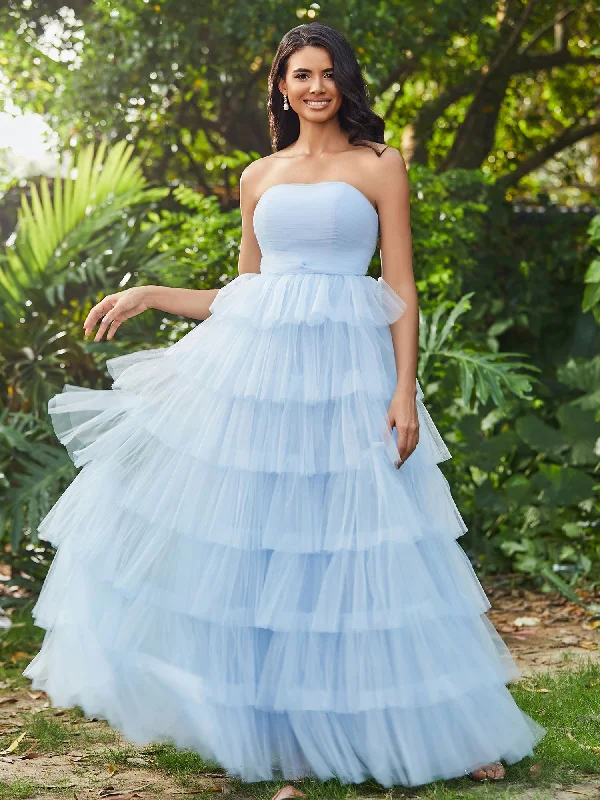 Strapless A-Line Long Tiered Prom Dress Sky Blue Tunics Leisure comfortable