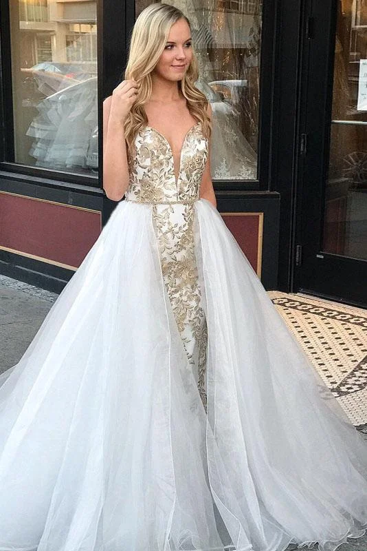 A-Line Spaghetti Straps Floor Length White Detachable Train Prom Dress with Appliques DMQ65 Tunics Designer luxury
