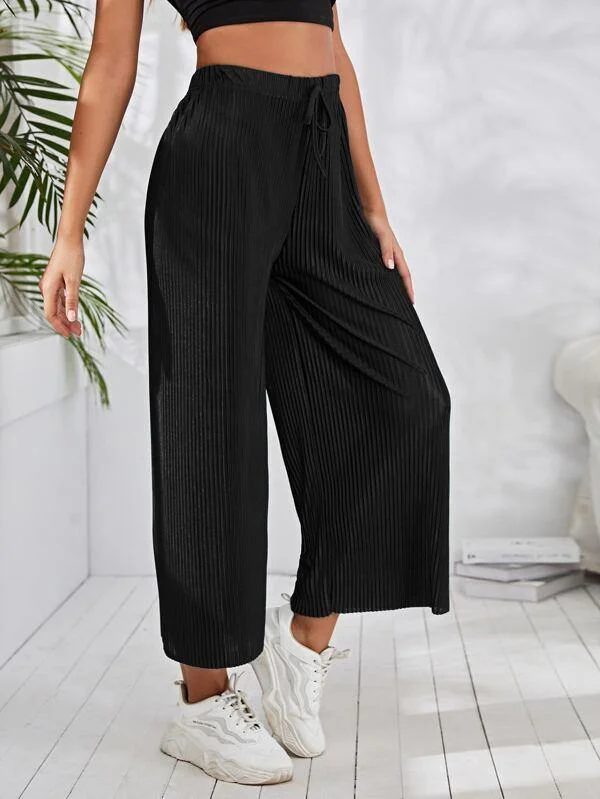 Drawstring Pleated Wide Leg Pants Casual Wide Pants