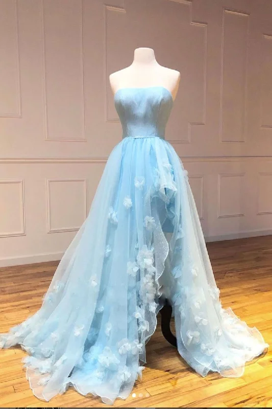 Sky Blue Strapless Tulle Long Prom Dress A Line Evening Dress With Slit DMS623 Tunics Handmade artisanal