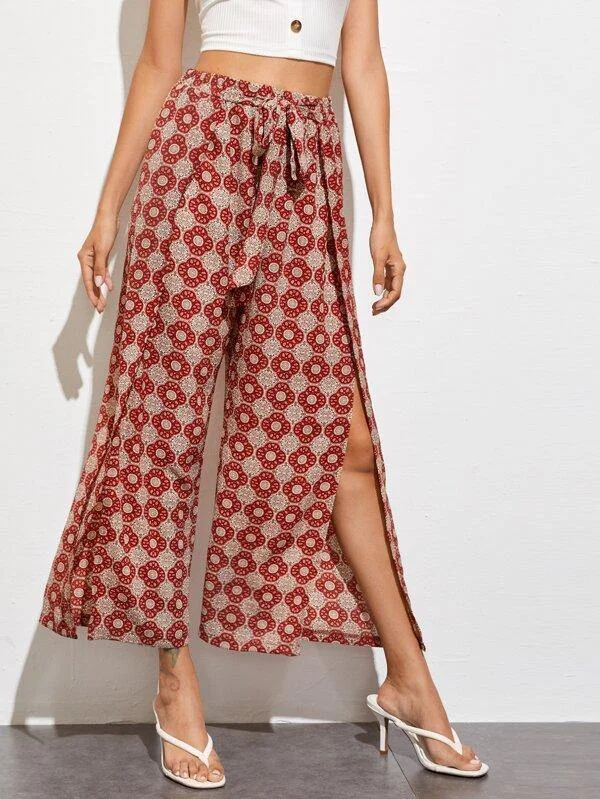 Tribal Print Split Hem Belted Pants Formal Dress Pants