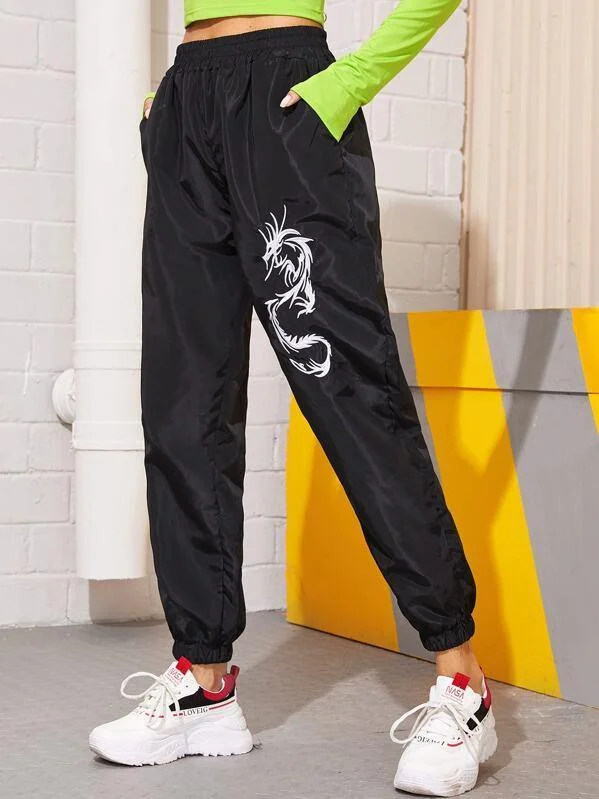 Dragon Embroidery Elastic Waist Windbreaker Pants Trendy Wide-Legged Trousers