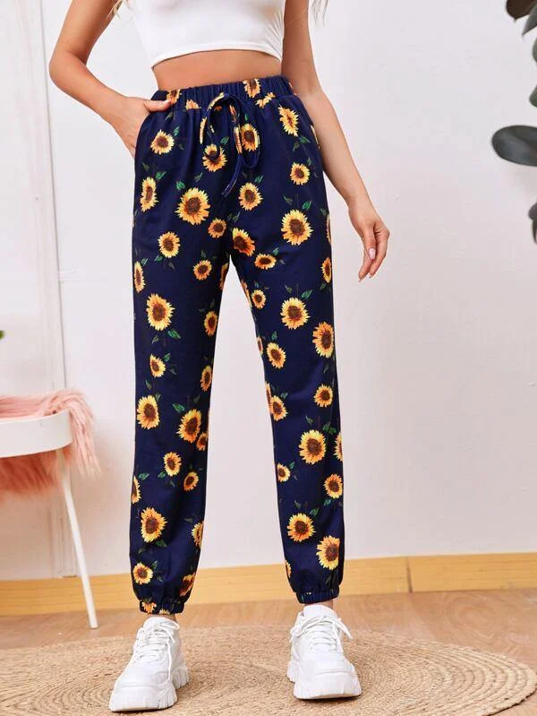 Knot Waist Sunflower Print Pants Comfortable Jogger Trousers