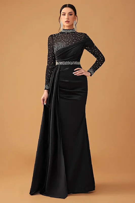 Black Sparkly A Line Halter Long Prom Dress with Beading Tunics Luxurious high-end