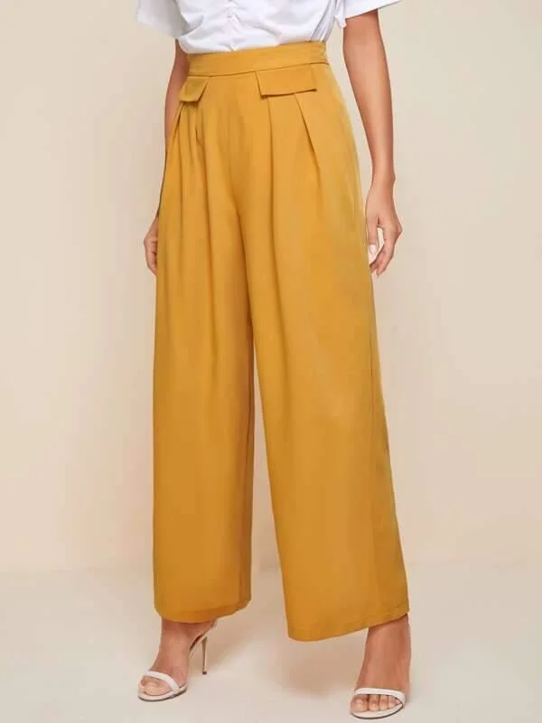 Zipper Side Flap Detail Fold Pleated Palazzo Pants Casual Track Pants