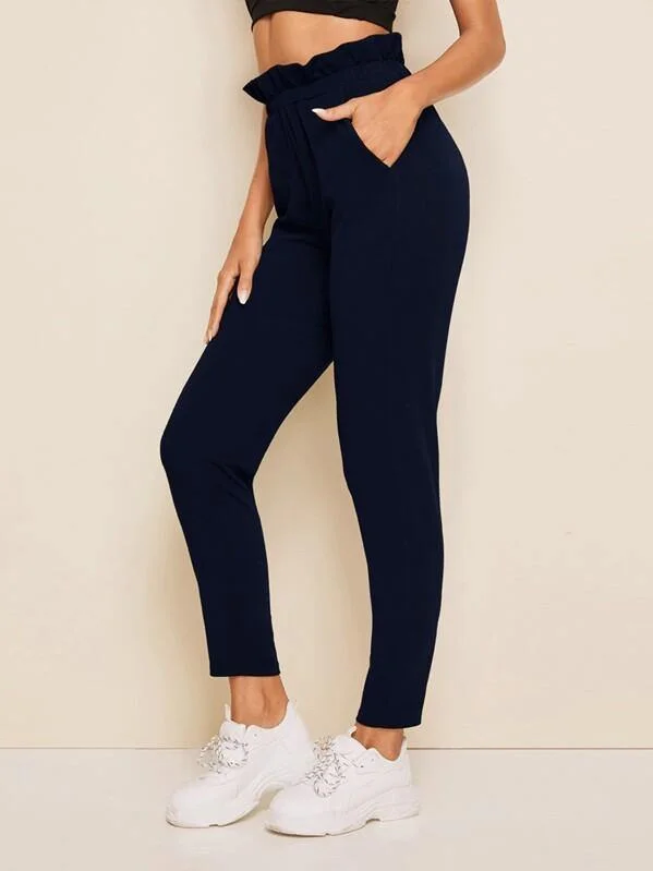 Paperbag Waist Solid Pants Elegant Palazzo Trousers