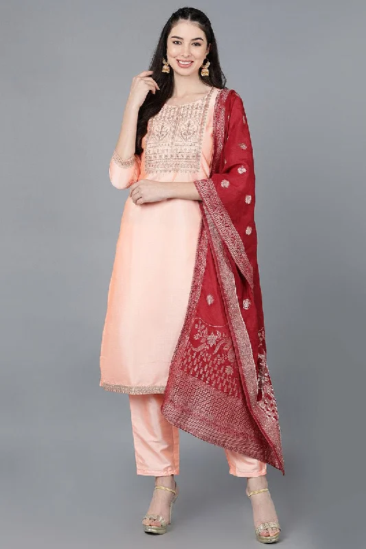 Peach Poly Silk A-Line Kurta Pant With Dupatta