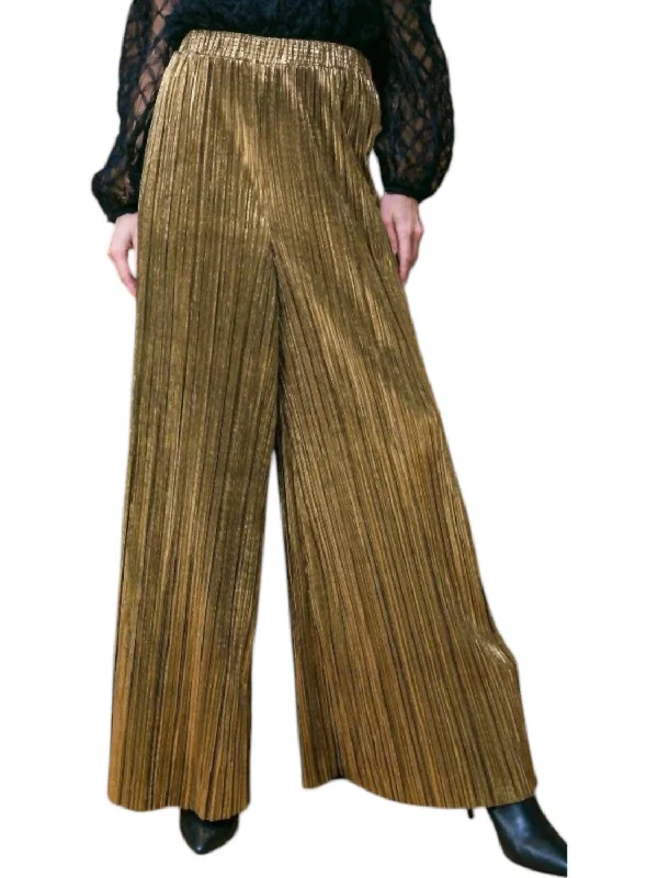 Woven Pleated Pants In Gold Relaxed High-Waist Trousers