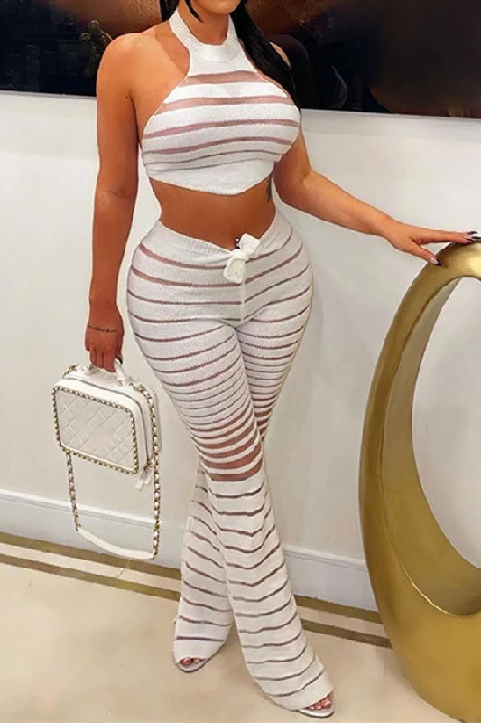 storexq Patchwork See-Through Party Lace-Up Pant Suit Formal Stretch Pants