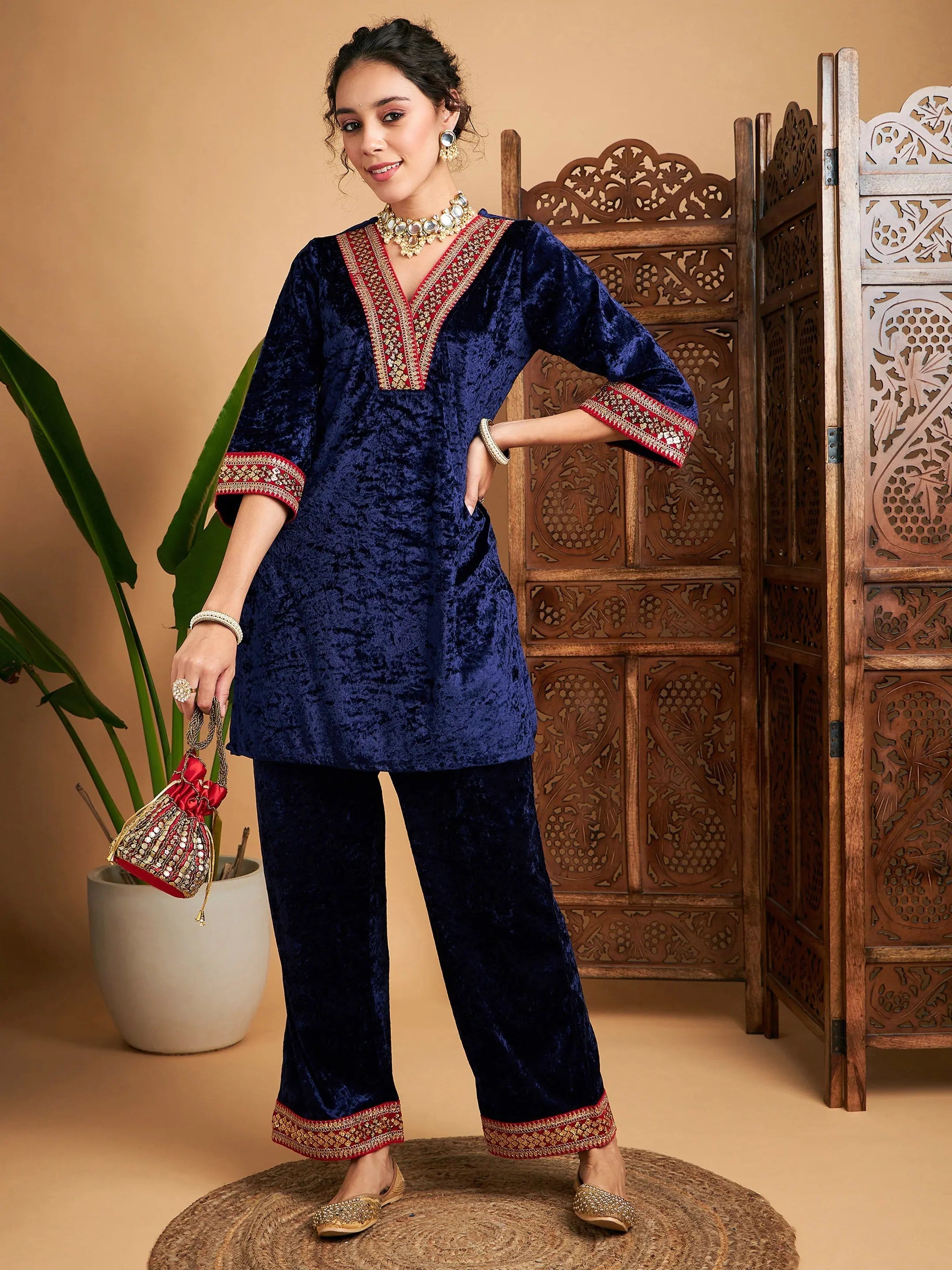 Women Navy Velvet Embroidered Short Kurta With Pants Stylish Harem Pants