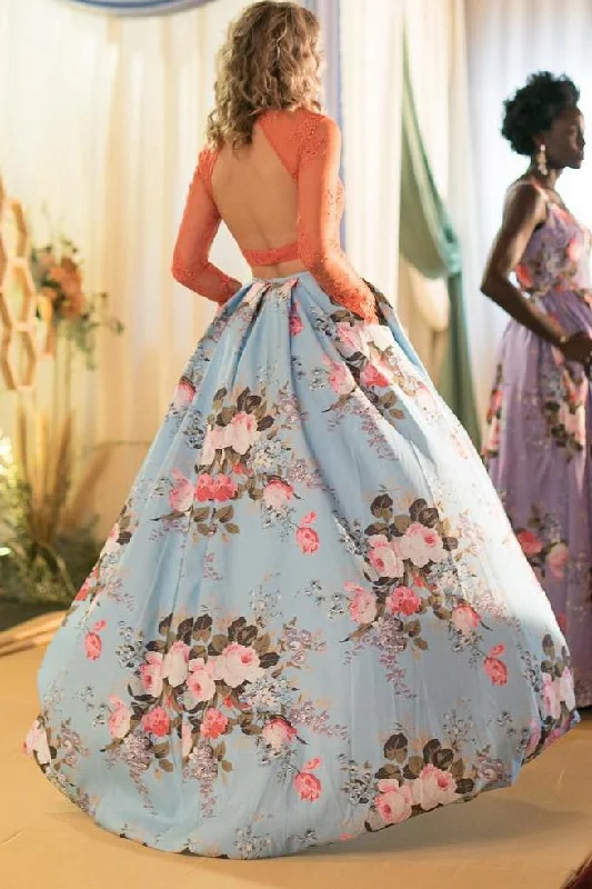 Two Pieces Long Sleeves Prom Dresses, Floral Print Prom Gown With Pockets DMK32 Tunics Brand named