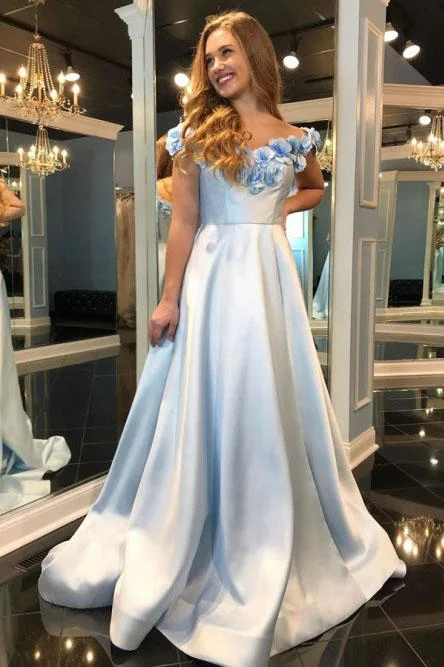 A-Line Off-the-Shoulder Light Blue Split Prom Dress with Flowers Pockets DMP9 Tunics Business professional