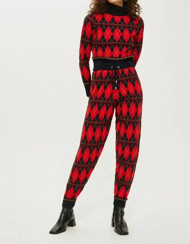 Argyle Print Knitted Jogger Pants In Red High-Waist Trousers