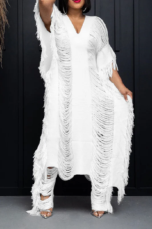 storexq Patchwork Ripped Tassel Whimsical Pant Suit Comfy Cargo Trousers