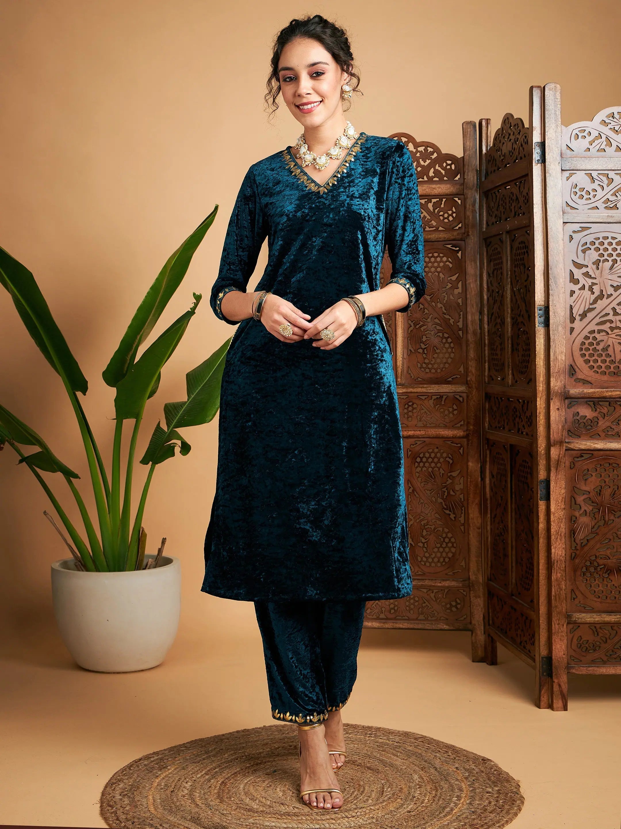 Women Teal Velvet Gota Patti Embroidered Kurta With Pants Trendy Tapered Pants