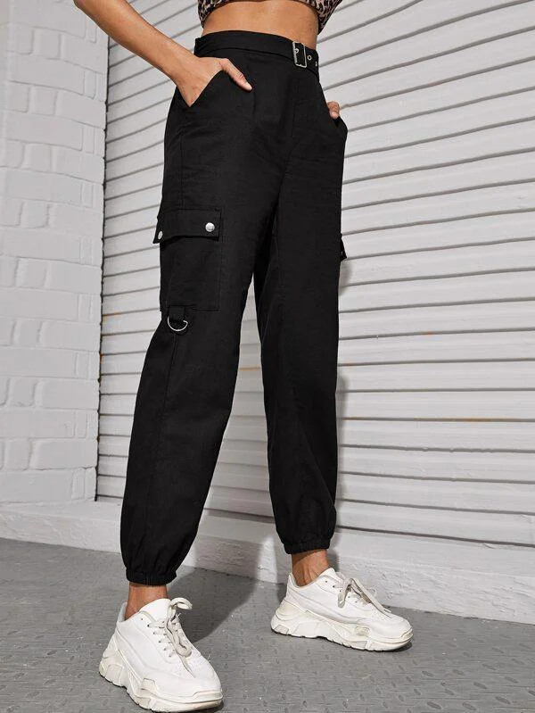 Self Tie Flap Pocket Cargo Pants Stretch Fit Pants