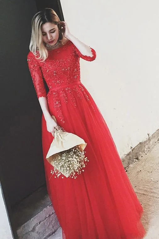 Red Bateau Floor-length Appliques Half Sleeves Long Prom Dress Evening Dress DMS49 Tunics Hiking breathable