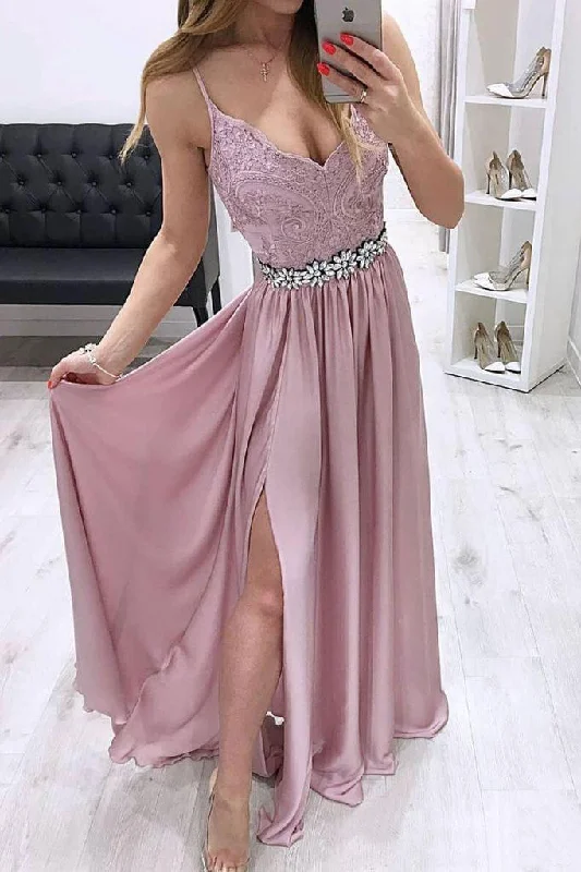 Spaghetti Strap Lace Prom Dresses V-neck Rhinestone Formal Dress With Slit DMO84 Bodycon Club Sequined