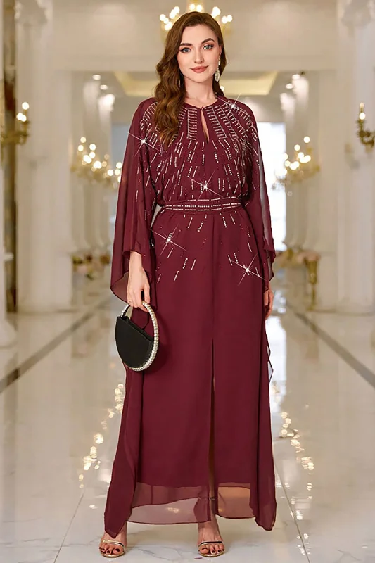 Sparkly Burgundy A Line Round Neck Long Sleeves Prom Dress Tunics Stylish modern