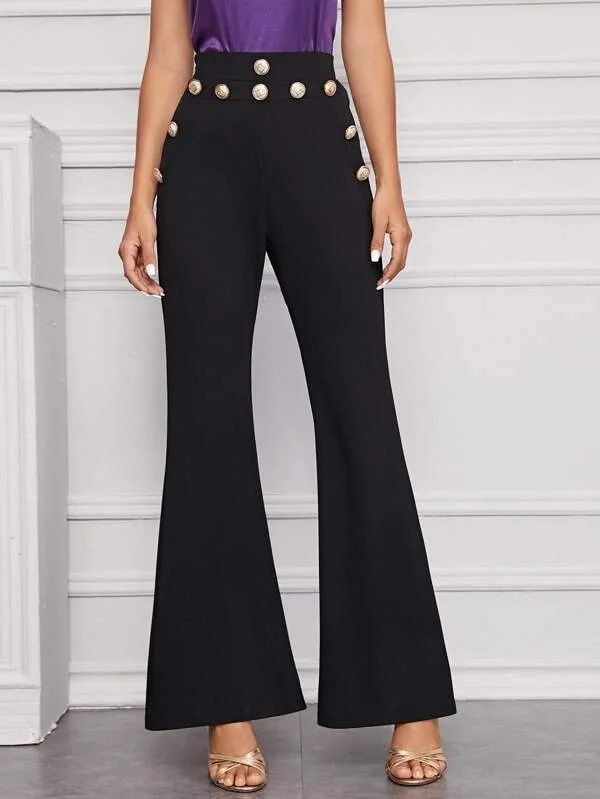 Zipper Side Gold Button Detail Flare Leg Pants Comfy Athletic Pants